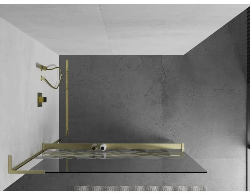 Mexen Kioto+ L, sprchová zástena Walk-In s poličkou a vešiakom 80 x 200 cm, 8mm číre sklo biely vzor, zlatý matný profil, 800-080-123-55-85