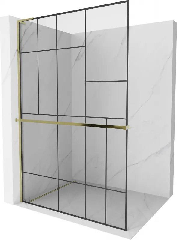 Mexen Kioto+ L, sprchová zástena Walk-In s poličkou a vešiakom 110 x 200 cm, 8mm číre sklo čierny vzor, zlatý lesklý profil,800-110-123-50-78