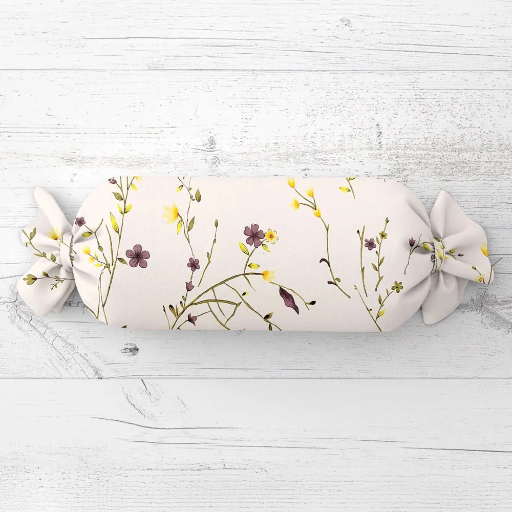 Biante Vankúš valec bonbon Sandra SA-496 Žlté a hnedofialové lúčne kvietky na krémovom 15x80 cm