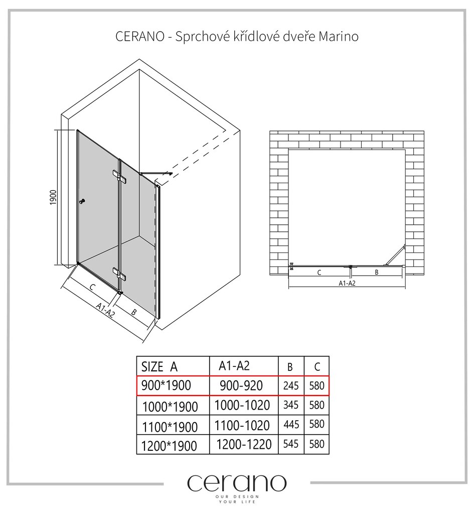 Cerano Marino, 1-krídlové delené sprchové dvere 90x190 cm, 6mm číre sklo, čierny profil, CER-CER-420213