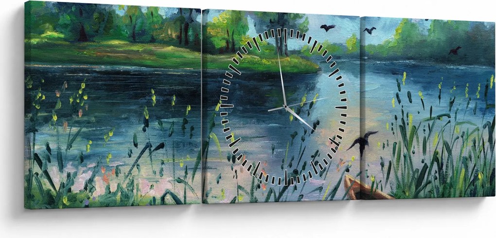 Obraz - Olejomaľba, Letný podvečer pri jazere (s hodinami) (90x30 cm)