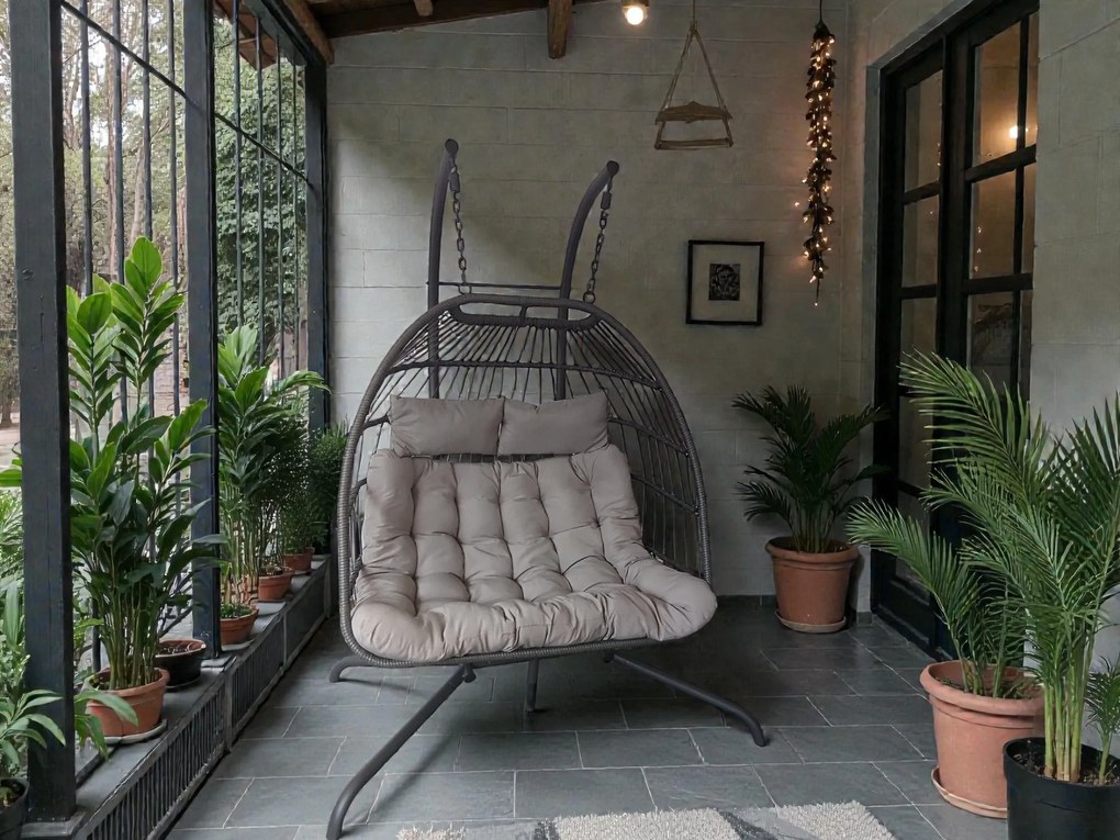 Závesné hojdacie dvojkreslo CUBA  sivé - sivé vankúše