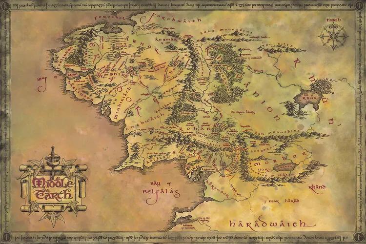 Plagát, Obraz - The Lord of the Rings - Map of the Middle Earth, (91.5 x 61 cm)