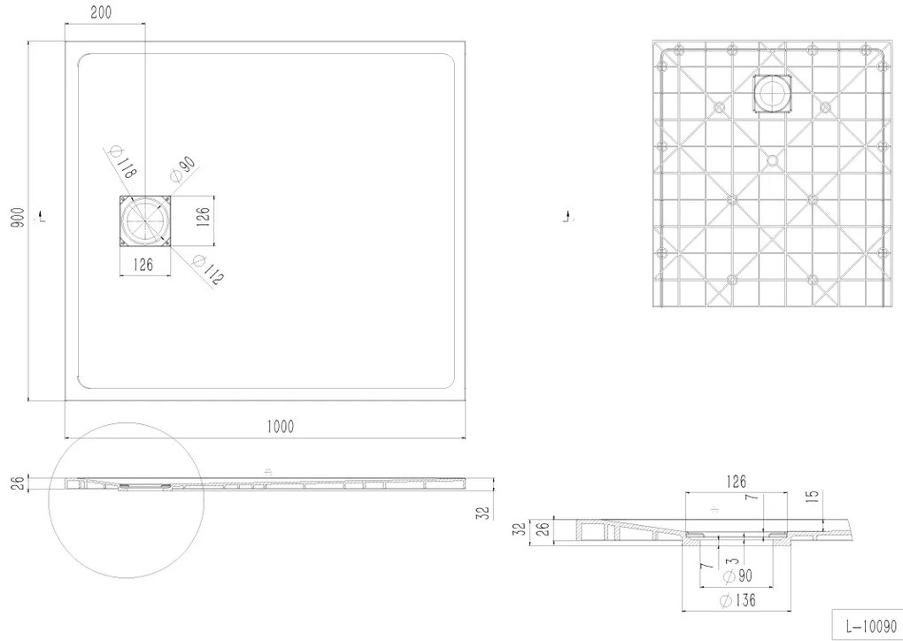 Erga Hyper, SMC sprchová vanička 100x90x2,6 cm + sifón, čierna matná, ERG-V06-SMC-9010S-BK