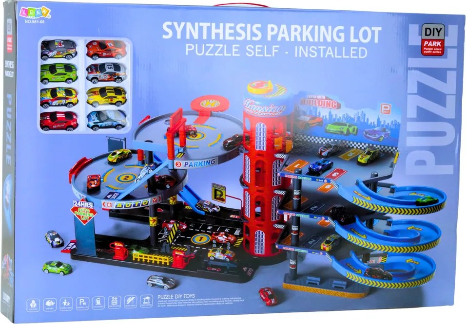 LEAN Toys Parkovisko s autíčkami, 4-poschodová dráha, 8 kovových vozidiel, nálepky