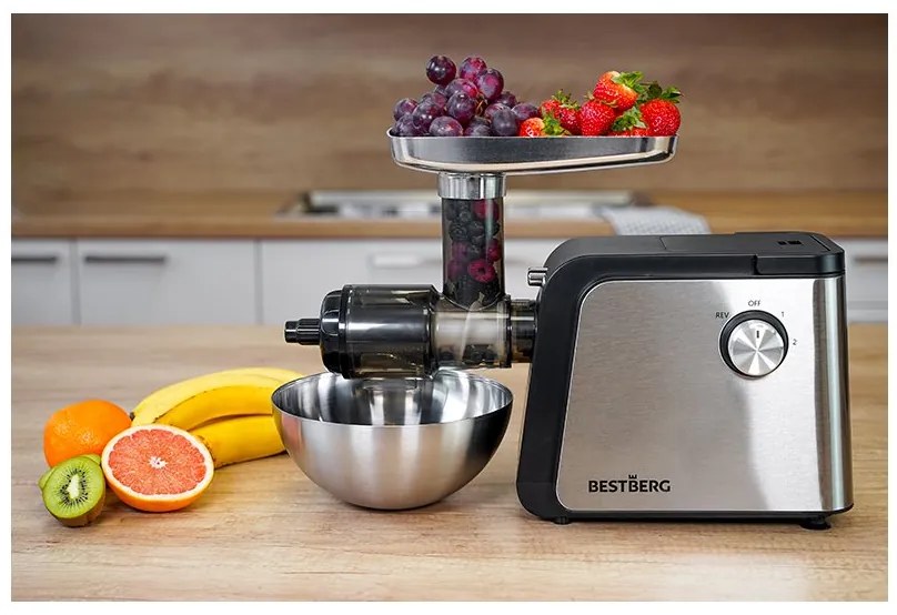 MEGAKOMBO Elektrický mlynček na mäso BestBerg BBM-2500 + nástavce lisu na paradajky a odšťavovače
