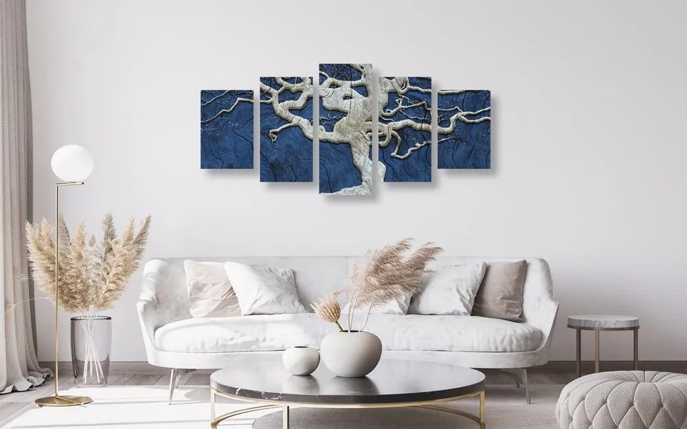 5-dielny obraz abstraktný strom na dreve s modrým kontrastom Varianta: 100x50