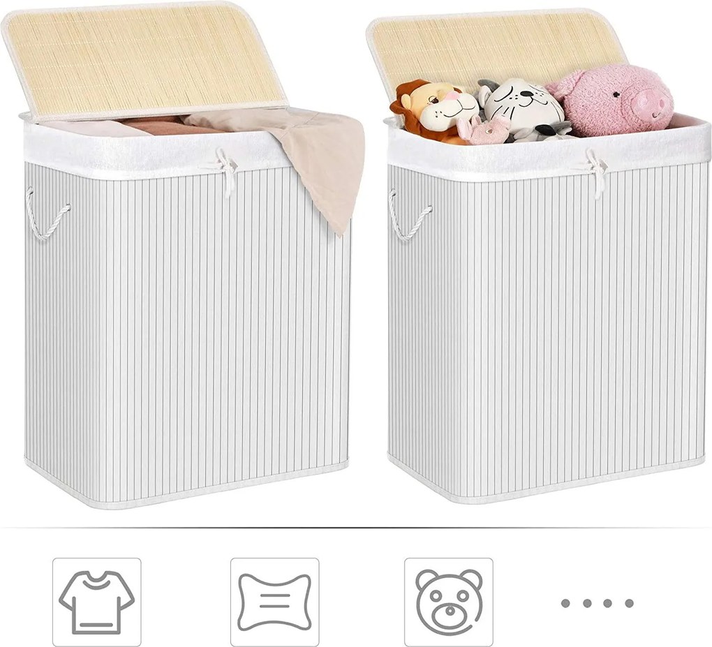 XXL Bambusový kôš na bielizeň 100 L, s 2 priehradkami, biely