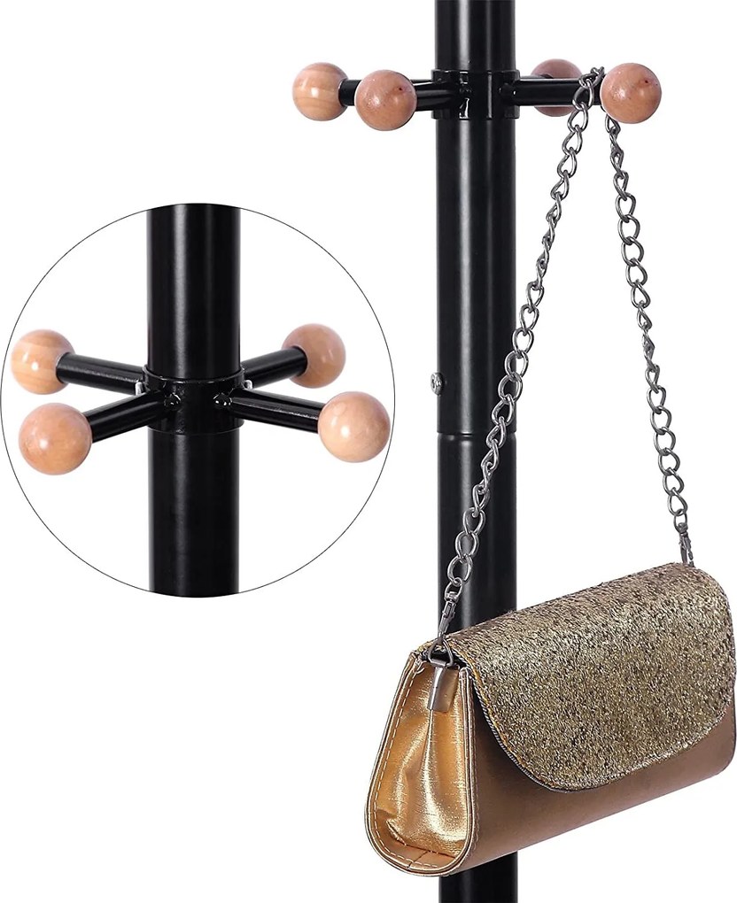 Štýlový kovový vešiak, stojan na kabáty s 12 háčikmi, čierny