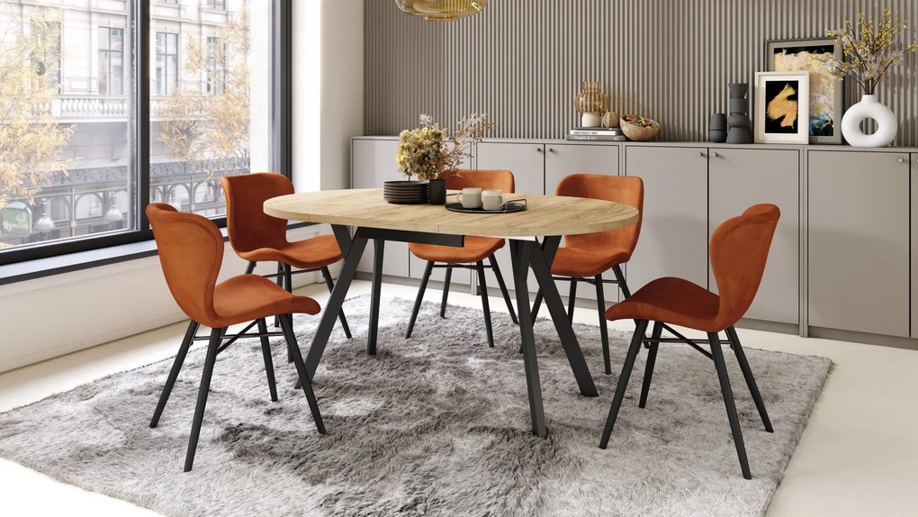 ALMO Dub Craft Gold/čierne nohy - OKRÚHLY LOFTOVÝ/INDUSTRIÁLNY ROZKLADACÍ STÔL DO OBÝVAČKY/JEDÁLNE