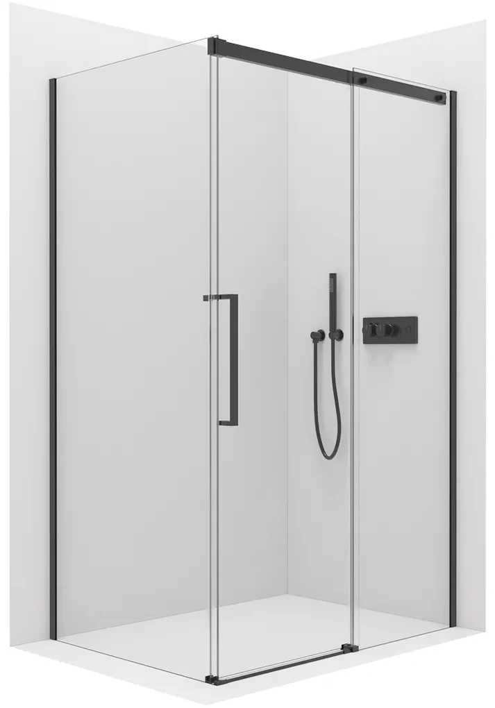 Cerano Lantono, sprchovací kút s posuvnými dverami 160(dvere) x 90(stena) x 195 cm, 8mm číre sklo, čierny profil, CER-CER-433220
