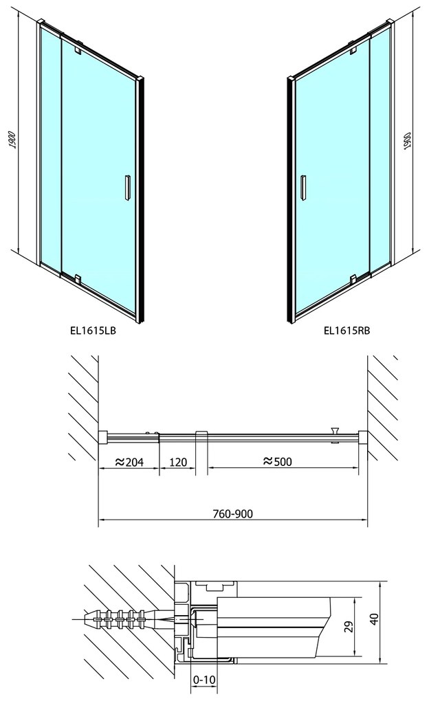 Polysan Polysan, EASY BLACK otočné sprchové dvere 760-900mm, číre sklo, EL1615B