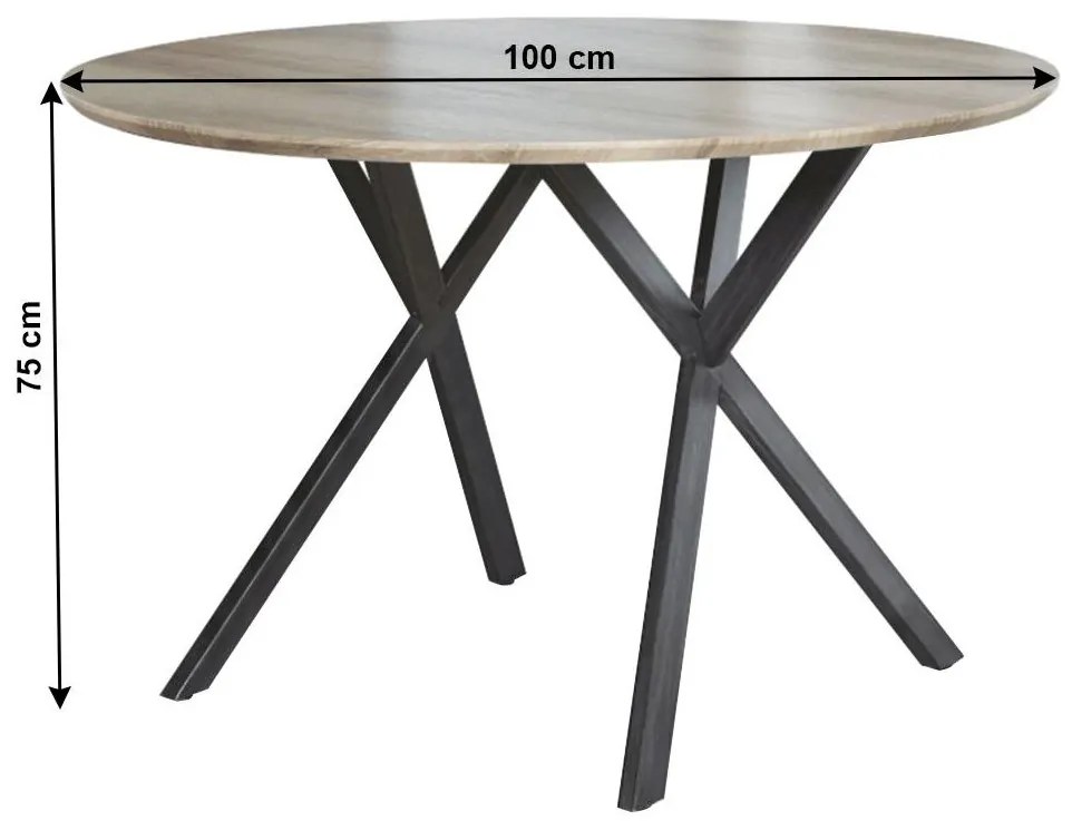 Jedálenský stôl, dub sivý/čierna, priemer 100 cm, AKTON