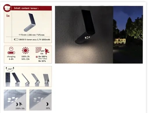 Paulmann 94261 - LED/1,2W IP44 Solárne nástenné svietidlo so senzorom ILIAS 3,7V