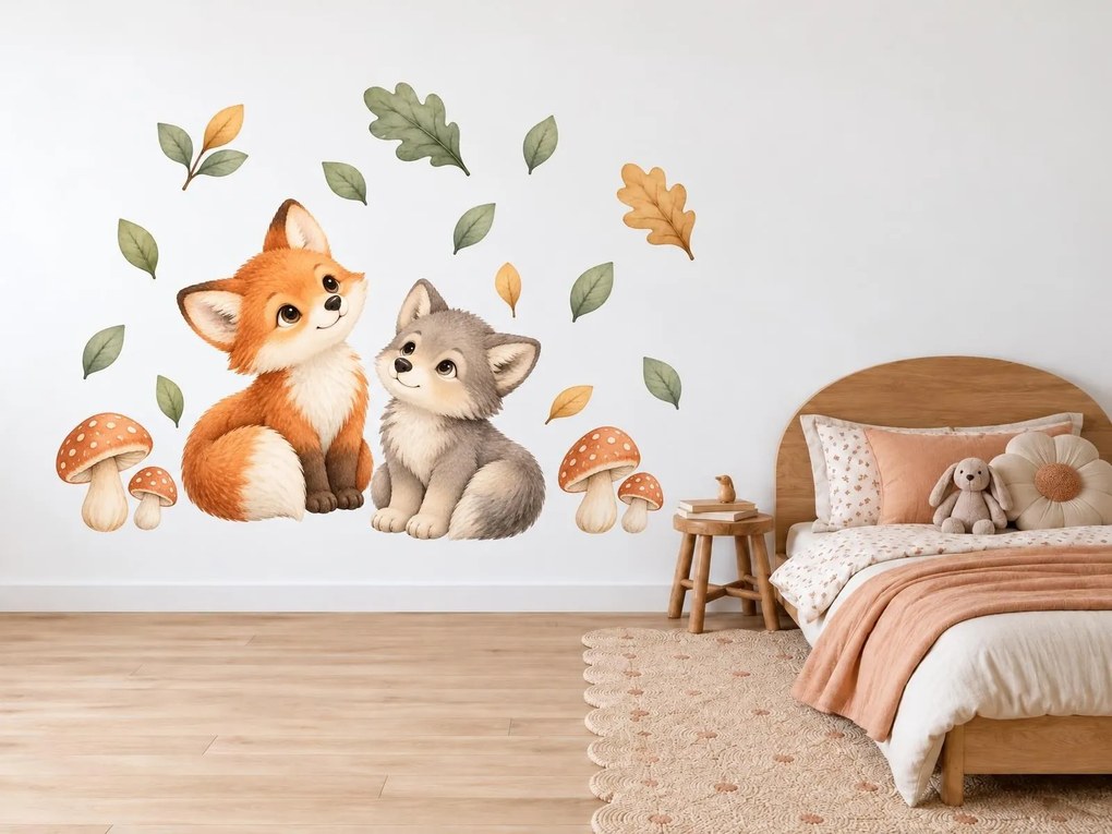 Líščatko a vlčiak medzi hubičkami jesenné akvarelové nálepky na stenu pre malé deti arch 34 x 46 cm