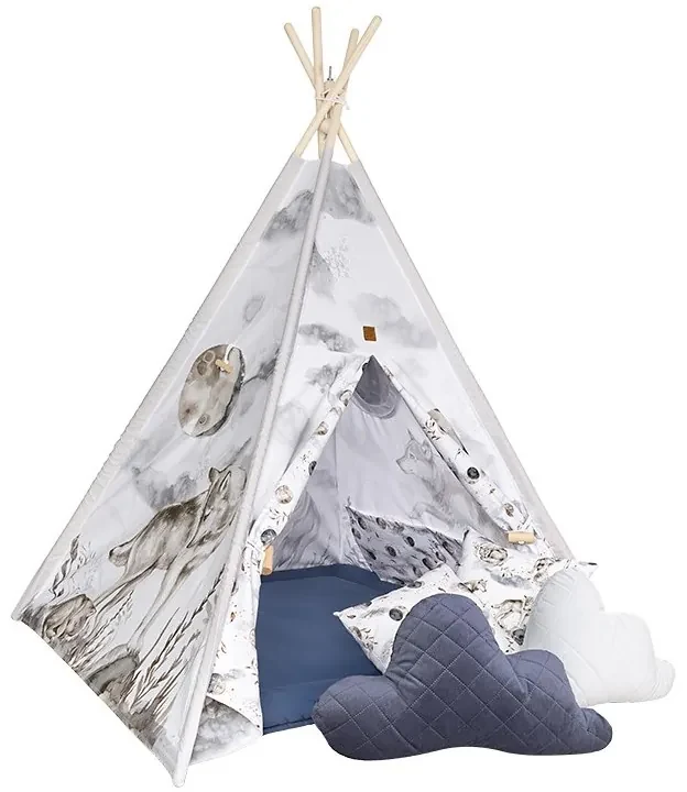 Detský indiánsky stan teepee VLČÍ ÚSVIŤ s podložkou a vankúšikmi