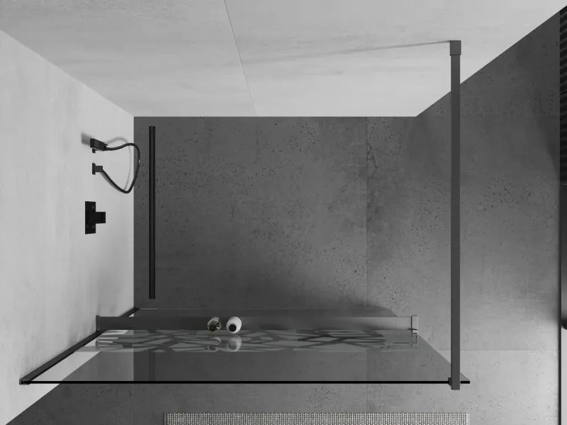 Mexen Kioto+, sprchová zástena Walk-In s poličkou a vešiakom 110 x 200 cm, 8mm číre sklo biely vzor, grafitový profil, 800-110-121-95-85