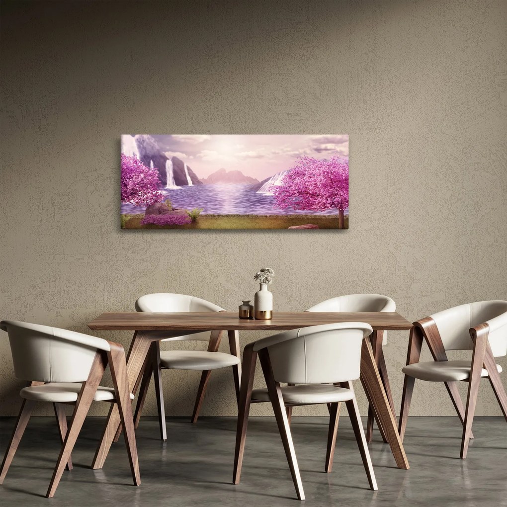 Obraz ružových stromov s jazerom (120x50 cm)
