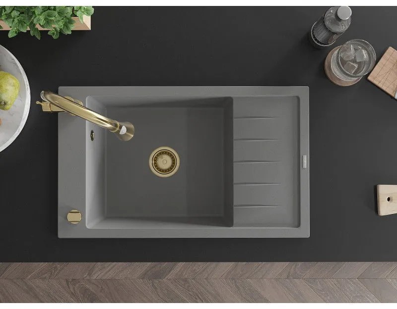 Mexen Elias, 1-komorový granitový drez 795x480x200 mm a drezová batéria Elia, šedá, 6511-71-670101-50