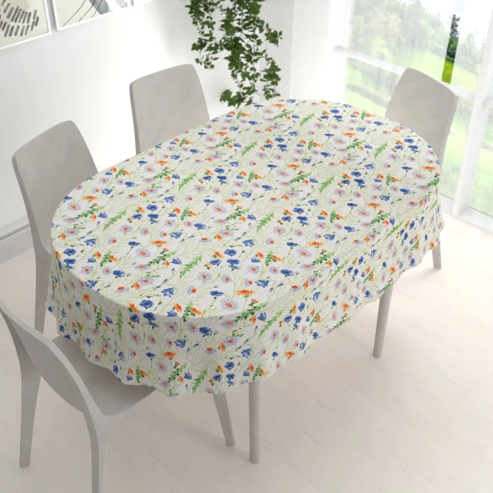 Biante Bavlnený oválny obrus Sandra SA-601 Margaréty a zvončeky na bielom 140x220 cm