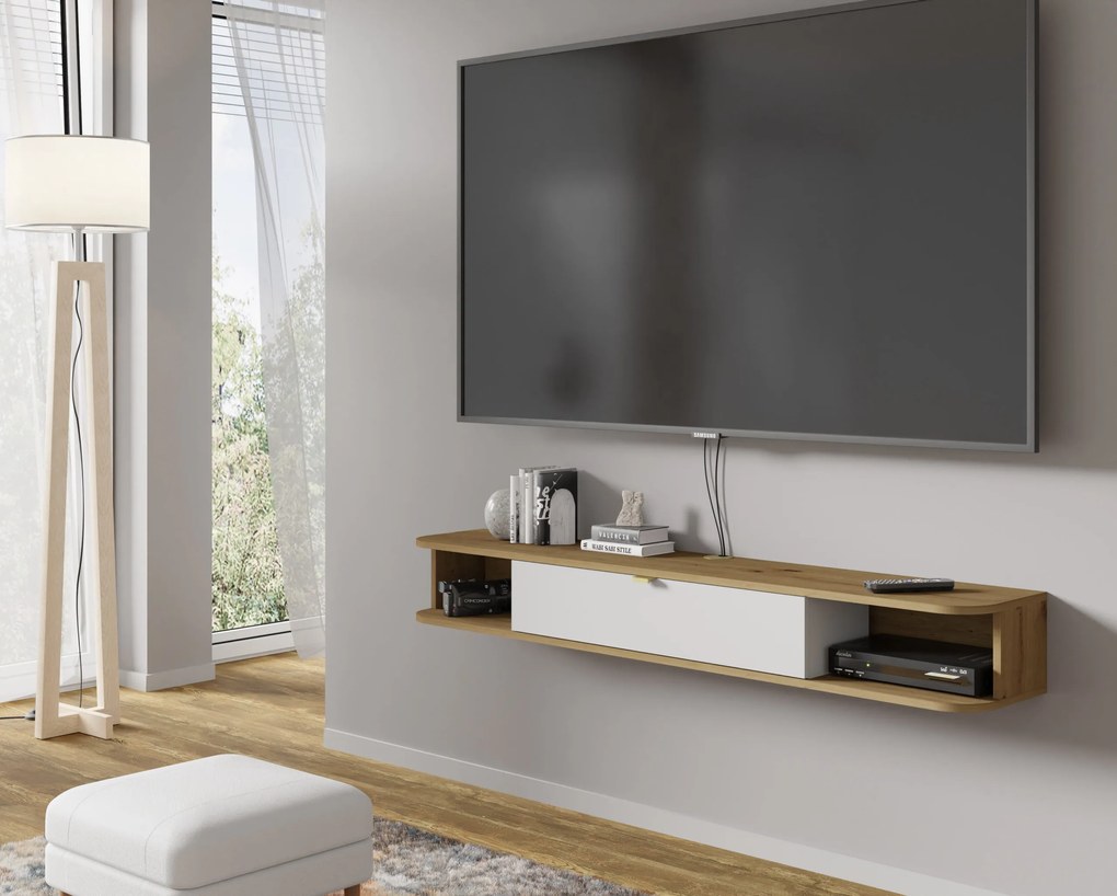 TV stolík/skrinka Ikaro (dub artisan + biela). Akcia -23%. Vlastná spoľahlivá doprava až k Vám domov. 1124940