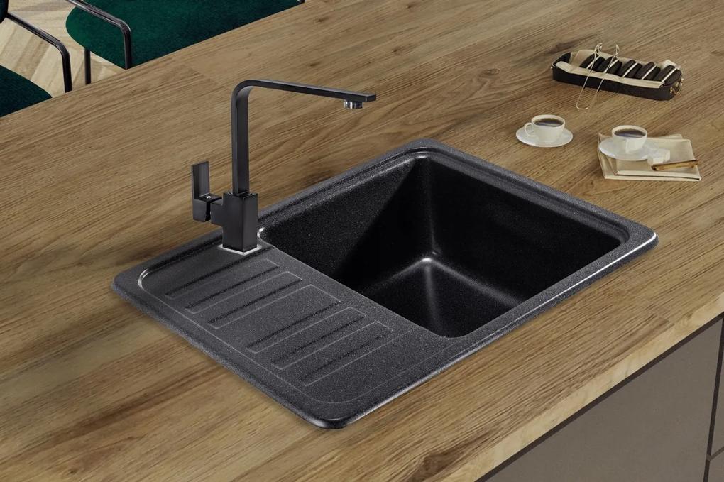 Sink Quality Sapphire, granitový kuchynský drez 565x460x210 mm + chrómový sifón, 1-komorový, čierna škvrnitá-BROCADE, SKQ-SAP.B.1KKO.X