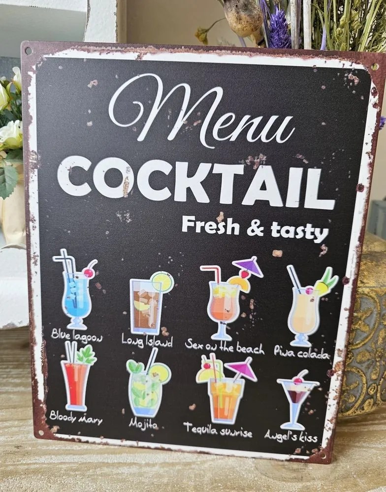 Čierna antik nástenná kovová ceduľa Menu Coctail - 20*25cm