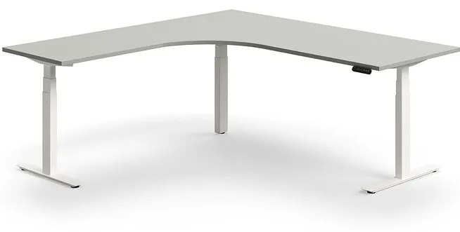 Výškovo nastaviteľný stôl QBUS, rohový, 2000x2000 mm, biely rám, svetlošedá