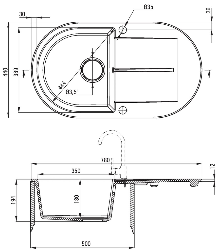 Deante Piva, granitový drez na dosku 780x440x194 mm Z/O, 3,5" + priestorovo úsporný sifón, 1-komorový, béžová, ZQI_511B