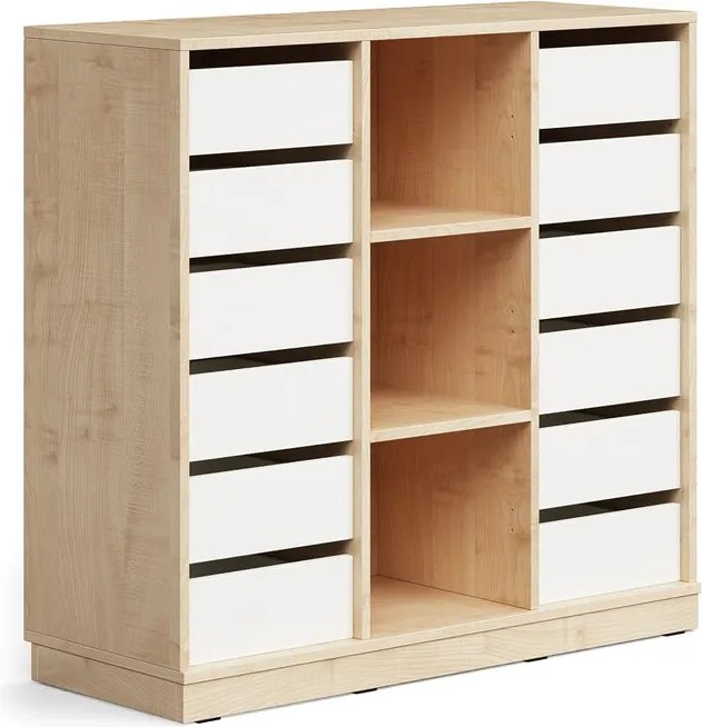 Úložná skrinka CASPER, 12 zásuviek, 3 priehradky, so soklom, breza/biela
