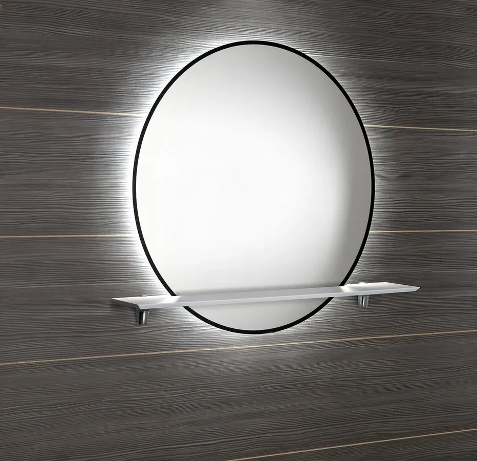 Sapho Sapho, SHARON LED podsvietené zrkadlo Ø 80cm s policou, čierna mat, 31255CI-01