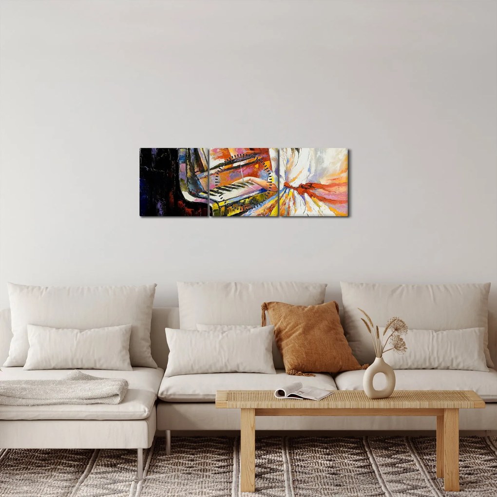 Obraz - Žena hrajúca na piáno (s hodinami) (90x30 cm)