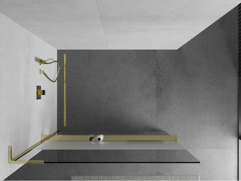Mexen Kioto+ L, sprchová zástena Walk-In s poličkou a vešiakom 80 x 200 cm, 8mm číre sklo-námraza, zlatý lesklý profil,800-080-123-50-35