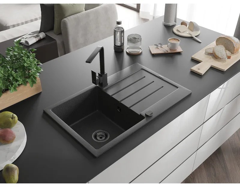 Mexen Bruno, drez granitový 795x495x200 mm, 1-komorový, čierna škvrnitá s čiernym sifónom a čierna drezová batéria Rita, 6513-76-670300-70-B