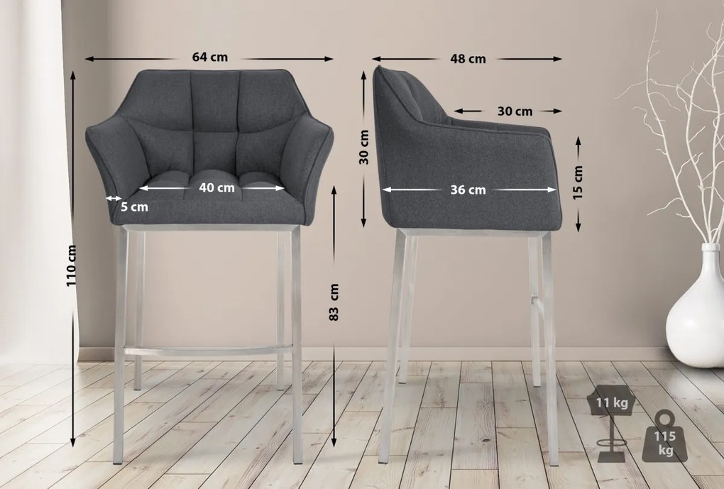 Barová stolička Damaso E - filc, nerez 4-nohý rám - Sivá