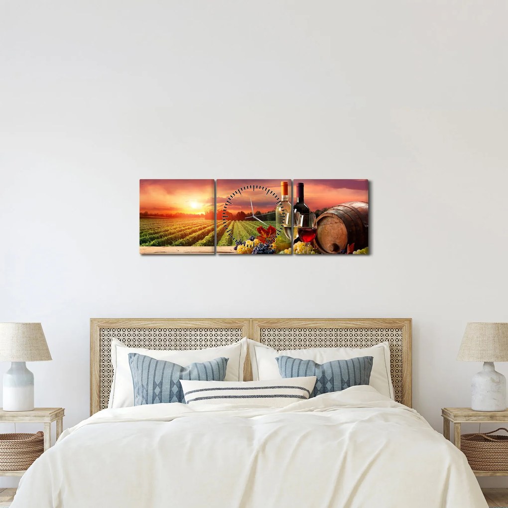 Obraz vinice s vínom (s hodinami) (90x30 cm)