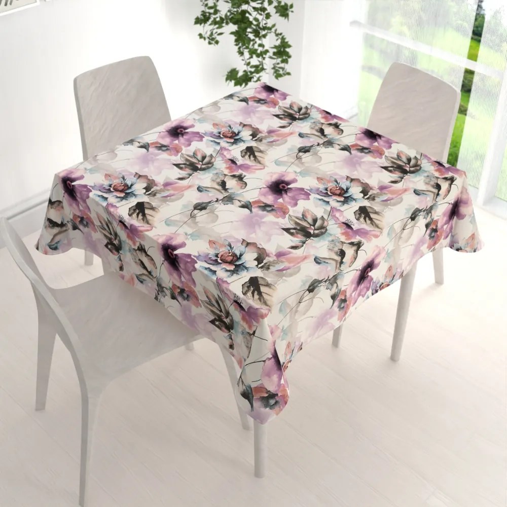 Biante Zamatový štvorcový obrus Tamara TMR-050 Abstraktné fialové kvety na smotanovom 80x80 cm