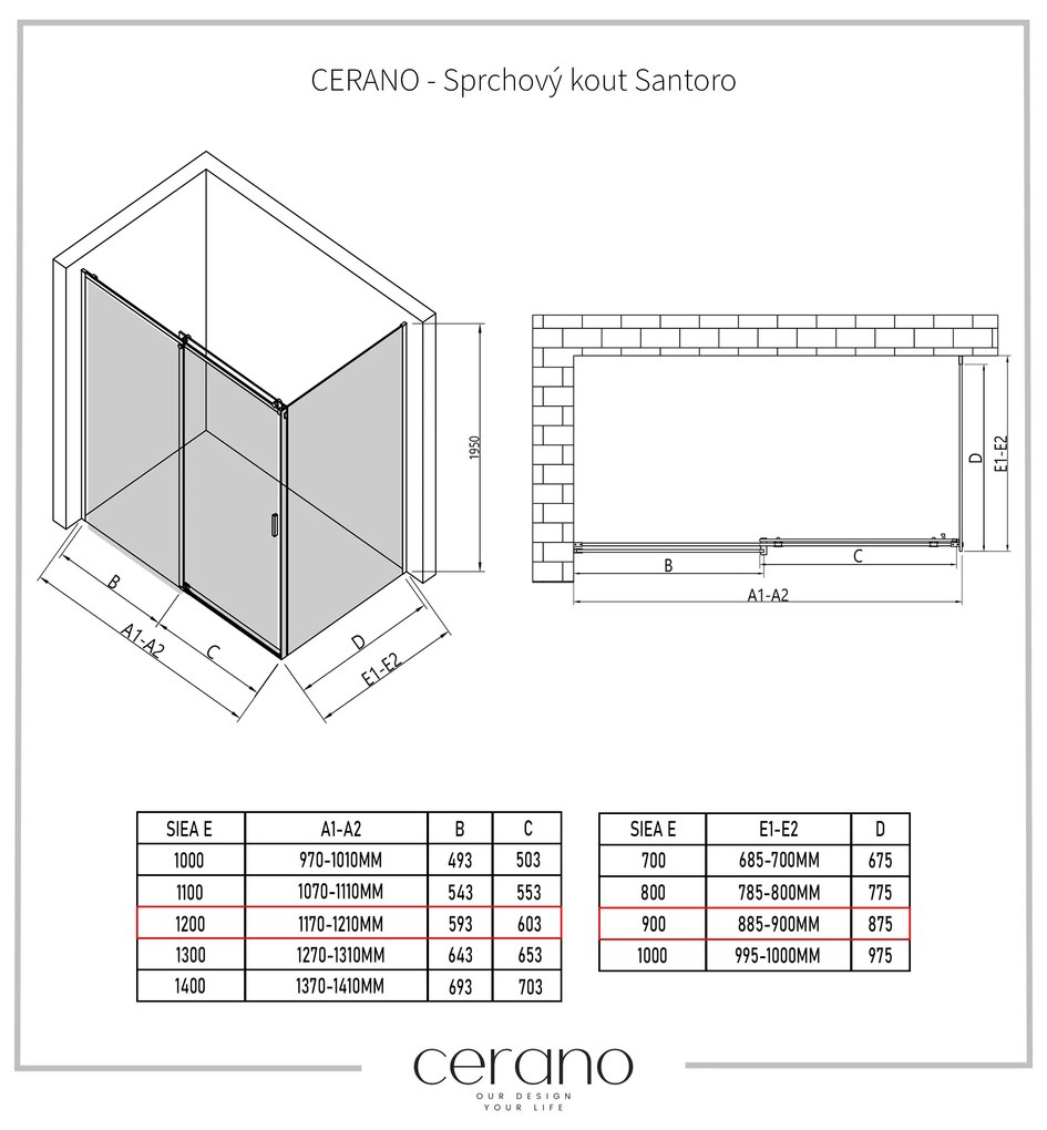 Cerano Santoro, sprchovací kút s posuvnými dverami 120(dvere) x 90(stena) x 195 cm, 6mm šedé sklo, čierny profil, CER-CER-425461