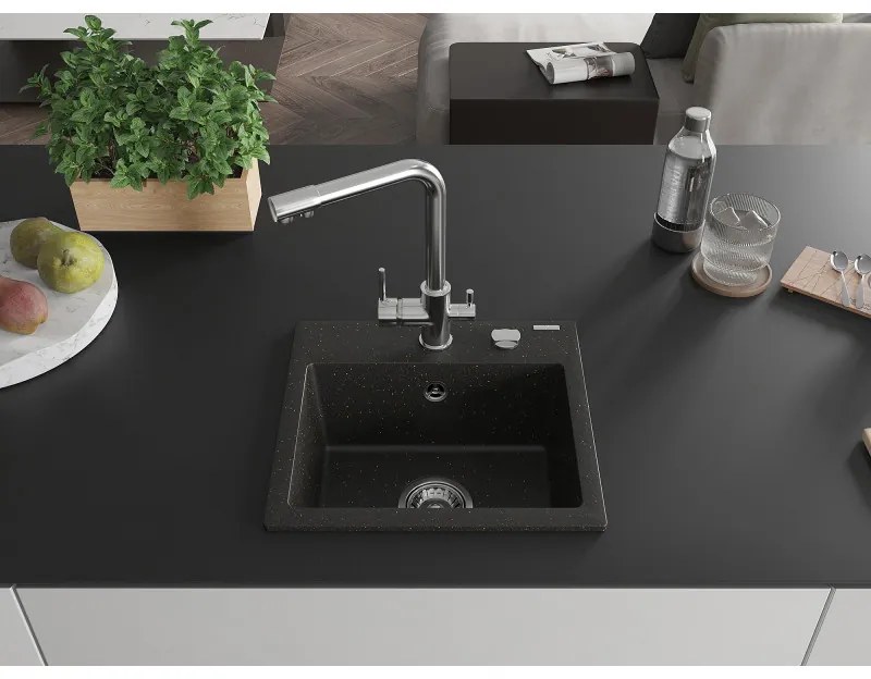 Mexen Milo, granitový drez 435x410x171 mm, 1-komorový a chrómová batéria Duero, čierna - zlatá metalíza, 6505-75-671600-00