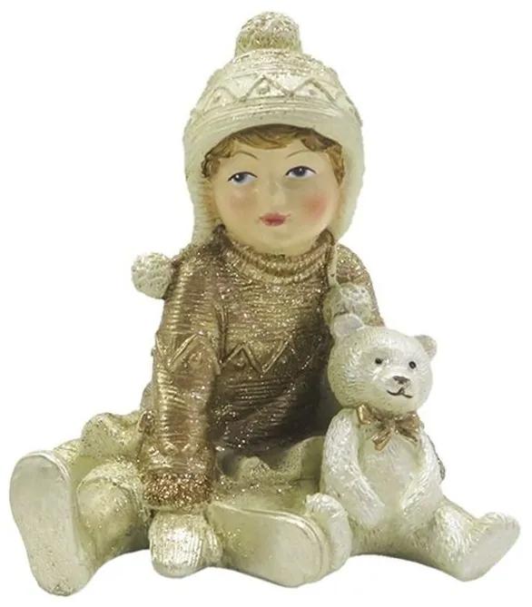 Dekoračná soška dievča s medvedíkom so zlatými trblietkami - 7*7*9 cm