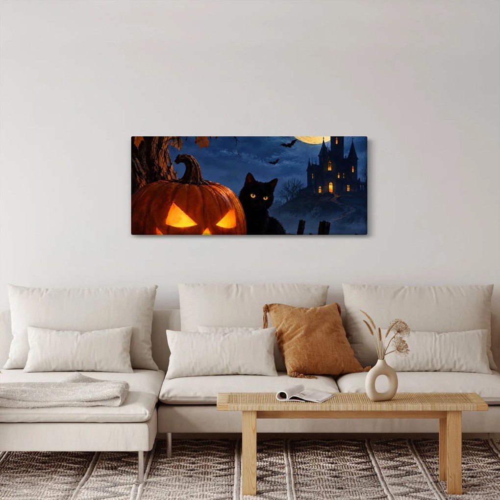 Obraz - Čierna mačka pri svietiacej tekvici na Halloween (120x50 cm)