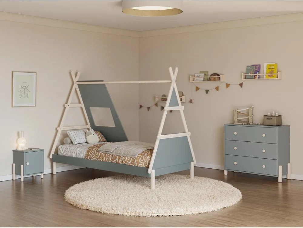 Sivozelená domčeková detská posteľ z borovicového dreva s roštom 90x200 cm Enola – Marckeric