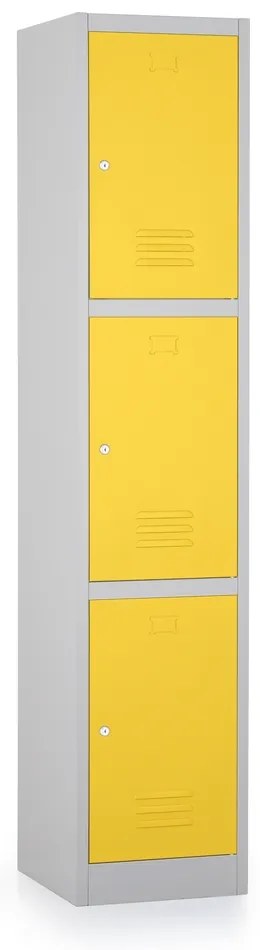 Kovová šatníková skrinka - 3 boxy, 38 x 45 x 185 cm, cylindrický zámok, žltá - ral 1023