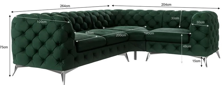 Tmavozelená zamatová rohová pohovka (pravý roh/do L) Chelsea – Ropez