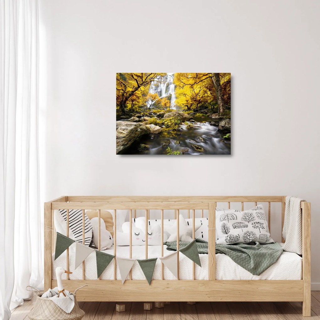 Sklenený obraz - Vodopády v jesennej krajine, žlté (70x50 cm)