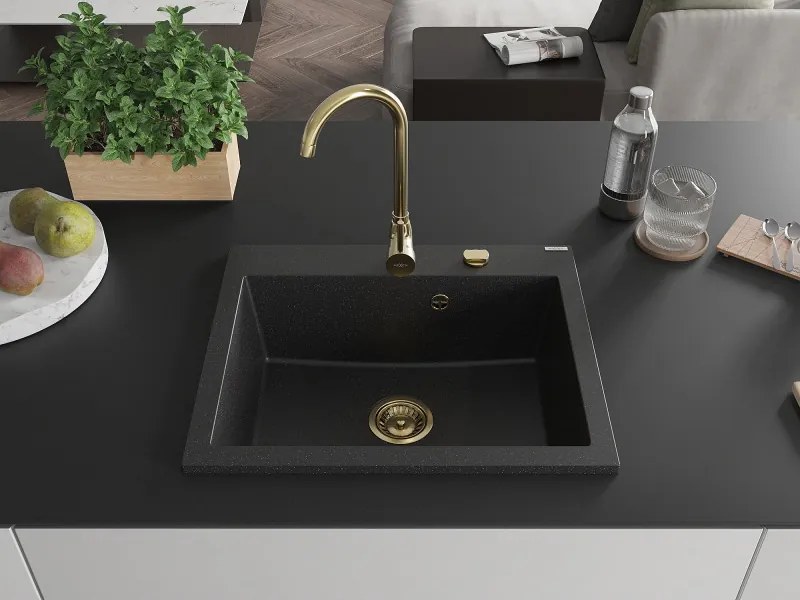 Mexen Elix, 1-komorový granitový drez 600 x 500 mm, čierna/strieborná metalíza, zlatý sifón - 6525601005-73-G