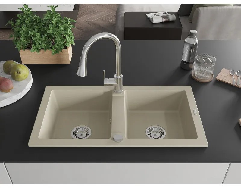 Mexen Mario, 2-komorový granitový drez 820x436x161 mm a drezová batéria Elia, béžová, 6504-69-670101-00