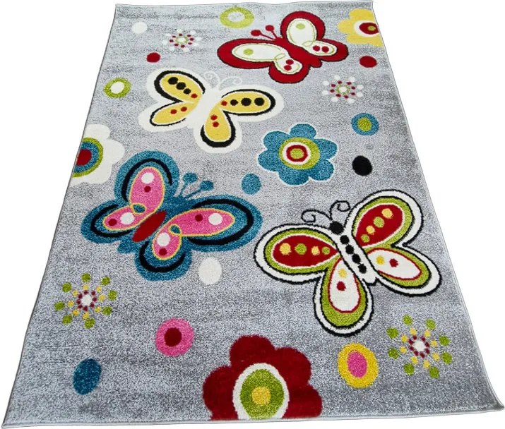 Detský koberec s motýľmi Kids 581 L.grey – sivý viacfarebný Rozmer: 240x330 cm