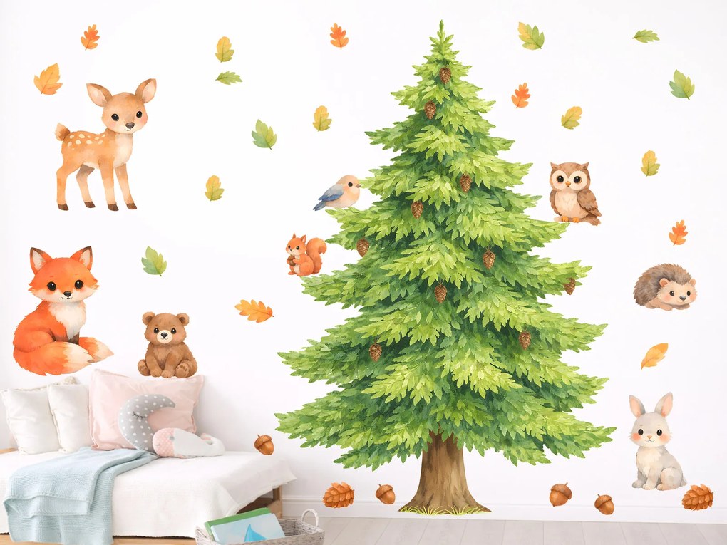 Roztomilé zvieratá a strom textilní prelepiteľné nálepky na stenu list 52 x 75 cm