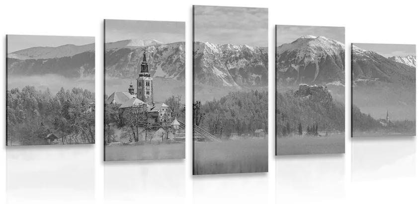 5-dielny obraz kostol pri jazere Bled v Slovinsku v čiernobielom prevedení Varianta: 200x100